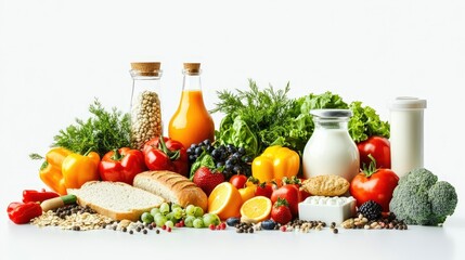 A vibrant arrangement of foods from the five food groups is displayed on a transparent white background
