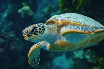Fototapeta premium Turtle swimming in aquarium with algae