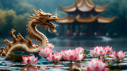 Fototapeta premium Golden Dragon Statue with Pink Lotus Flowers Illustration