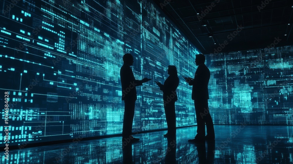 Poster a silhouette of three professionals conversing against a backdrop of vibrant, abstract digital data 