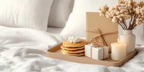 A cozy breakfast in bed setting with pancakes, gift boxes, a lit candle, and dried flowers on a wooden tray on a white bed.