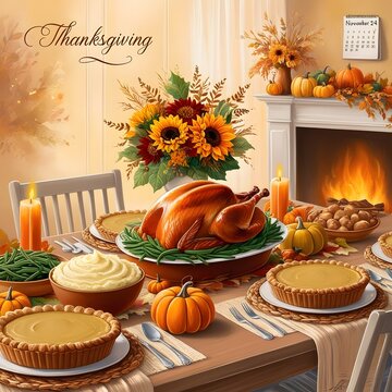 A warm and inviting illustration of a traditional American Thanksgiving celebration, set against a soft, golden background with subtle hints of autumnal colors.
