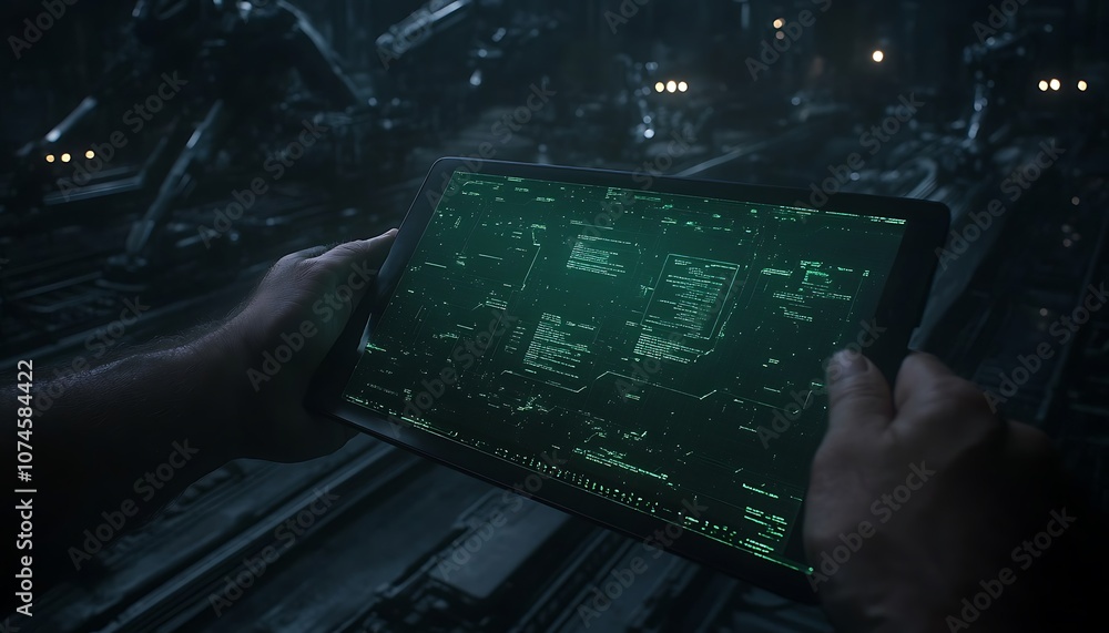 Poster a person holds a modern tablet displaying a glowing green interface amidst a dark, technological env