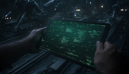 A person holds a modern tablet displaying a glowing green interface amidst a dark, technological environment filled with machinery.