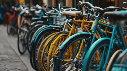 Colorful Row of Bicycles Parked on a Cobblestone Street, Showcasing Various Styles and Shades, Evoking a Charming and Lively Urban Atmosphere