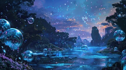 The enchanted lake was a sight to behold its waters filled with bubbles filled with tiny particles that seemed to sparkle like gemstones.