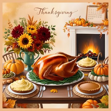 A warm and inviting illustration of a traditional American Thanksgiving celebration, set against a soft, golden background with subtle hints of autumnal colors.