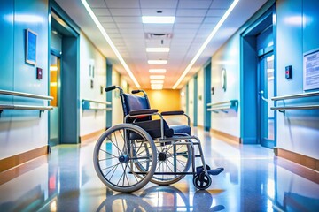 Wheelchair in an Empty Hospital Corridor Showcasing Accessibility and Patient Mobility, Emphasizing Healthcare Facilities for Disabled Patients in a Modern Medical Environment