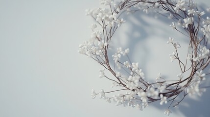 Minimalist floral wreath on light background with shadows