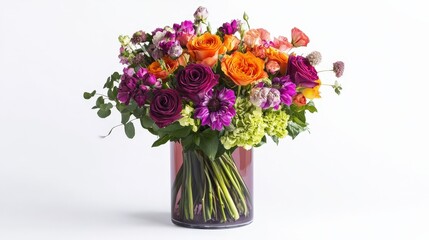 A vibrant bouquet of flowers in a stylish vase is set against a clean white background, creating a stunning visual.