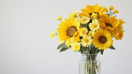 A vibrant bouquet of yellow flowers in a clear vase is artfully displayed against a pristine white background.