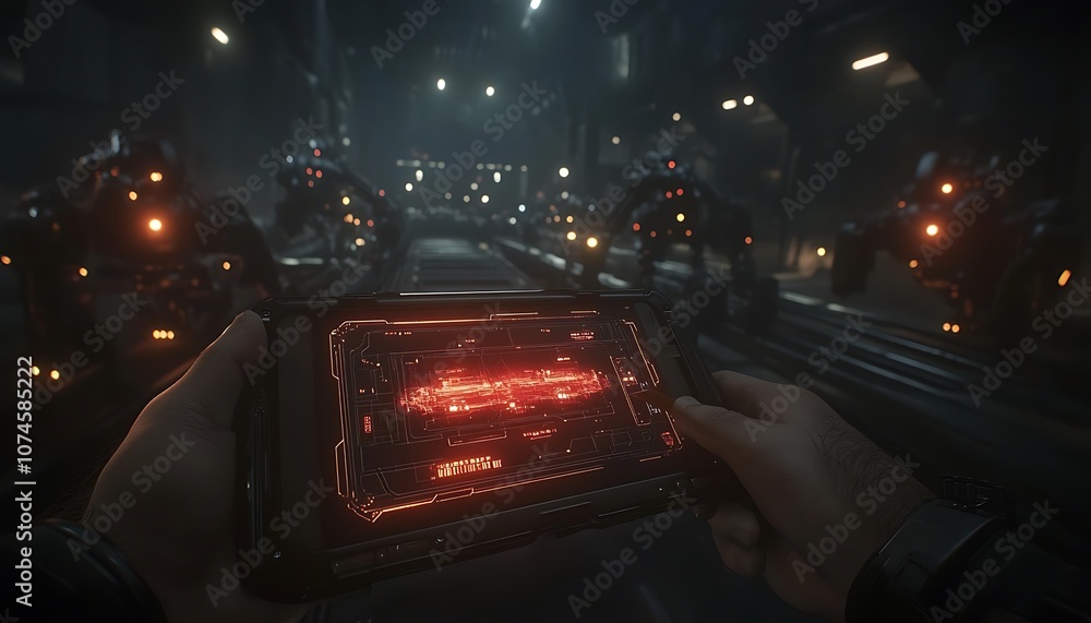 Fototapete A dimly lit scene featuring a handheld device displaying a glowing interface, surrounded by robotic figures in a futuristic environment.