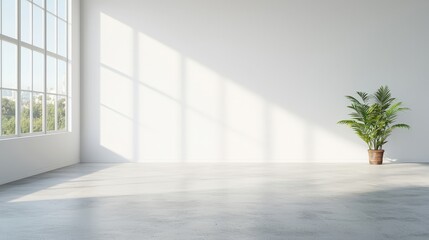 Obraz premium A large window in a room with a white wall and a potted plant