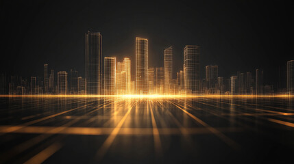 Fototapeta premium A digital rendering of a cityscape with glowing buildings against a dark background