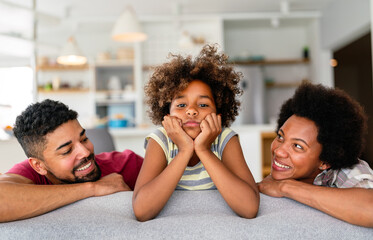 Positive parents and teenage offended daughter at home making peace with adolescent child