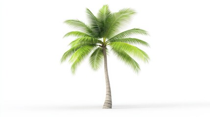 A vibrant coconut tree, with its long, slender trunk and wide, green leaves, sits on a white background.