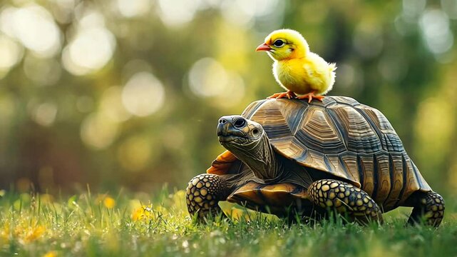 A cute little chick riding on the back of a tortoise in a field of green grass.