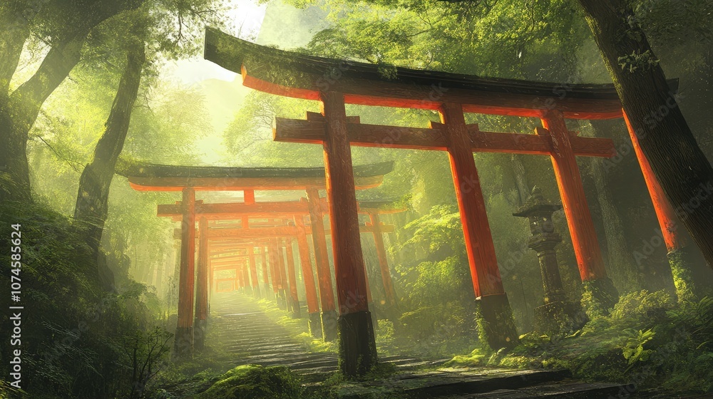 Poster serene pathway through a misty forest with vibrant red torii gates surrounded by lush greenery and s