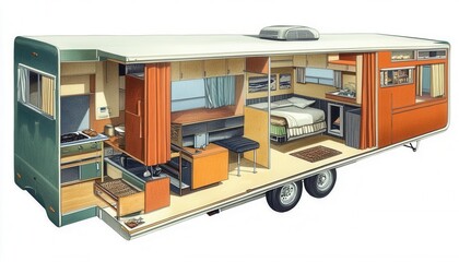 A detailed illustration of a modern camper trailer showcasing interior design and functionality for travel enthusiasts.