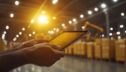 A person holds a tablet in a warehouse, illuminated by ambient light, with storage boxes and machinery in the background, highlighting technology and industry.