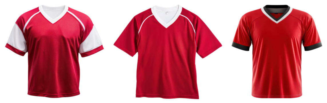 Three distinct red sports jerseys displayed in varied styles, showcasing different designs and collar types.