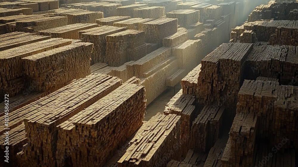 Poster stacks of raw timber planks in a sunlit lumber yard, showcasing natural textures and patterns in a f