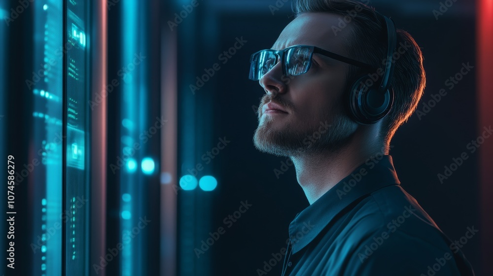 Poster A focused individual wearing headphones examines digital data on illuminated screens in a high-tech environment.