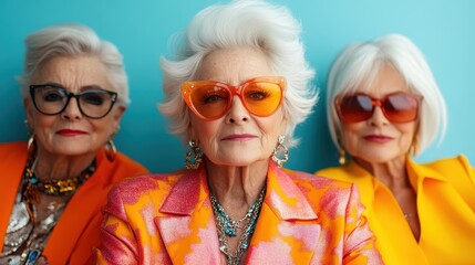 Three elegant older women showcase bold, colorful fashion and eyewear against a bright background, exuding confidence and timeless style in their appearance.