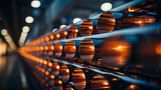A row of metal pipes with a bright orange glow