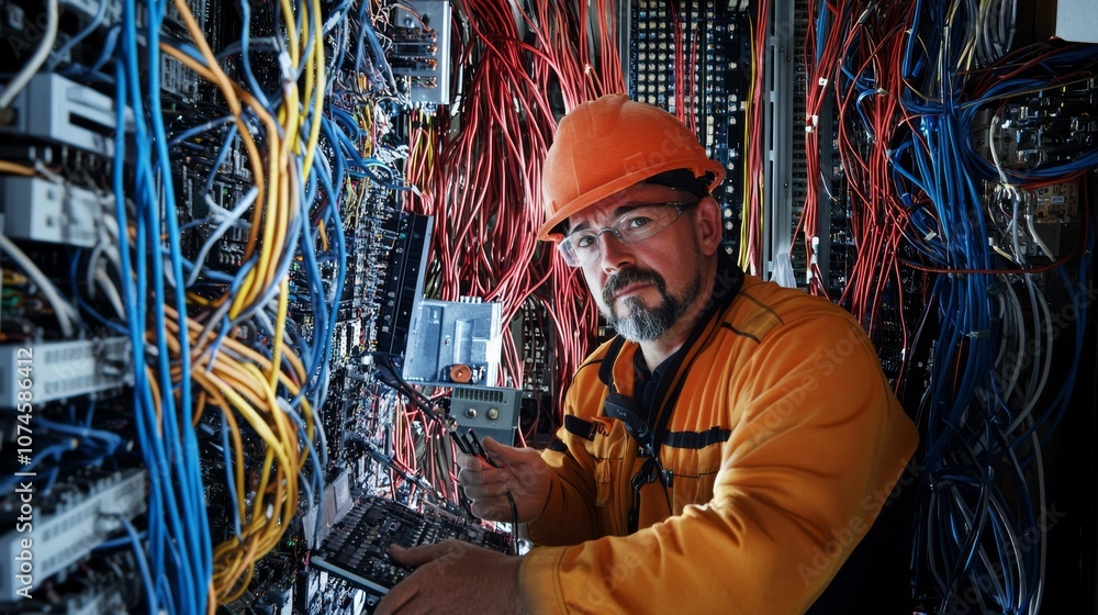 Poster an electrician in an orange helmet works on a complex network of colorful wires and cables in a cont
