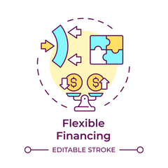 Flexible financing multi color concept icon. Benefits of factoring. Adaptable solutions. Scales with dollar signs. Round shape line illustration. Abstract idea. Graphic design. Easy to use in article