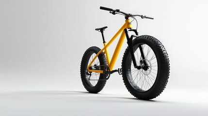 Fototapeta premium A vibrant yellow mountain bike, equipped with rugged tires and a strong frame, stands boldly against a clean white background.