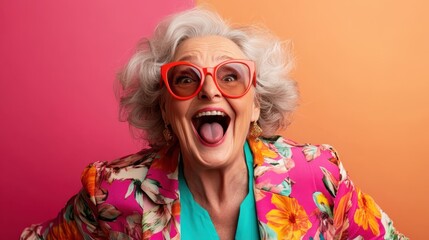 Happy senior woman with gray hair in red glasses and floral blazer, exuding excitement and joy against a colorful pink and orange gradient background.