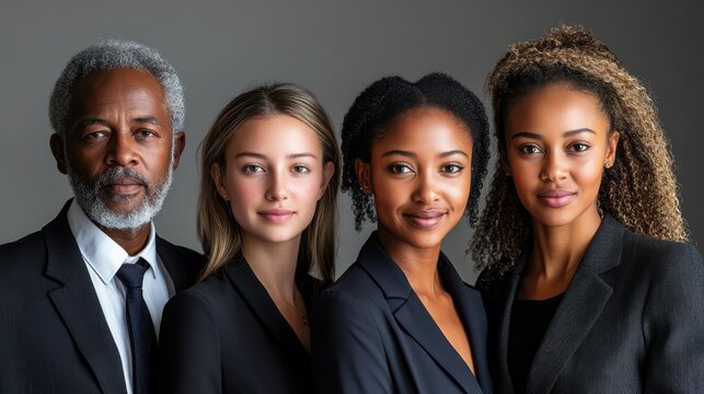 Portrait of a diverse South African business team, teens and seniors, formal attire, isolated, white background