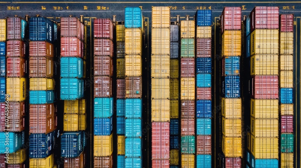 Poster aerial view of colorful shipping containers stacked in a busy port, showcasing industry and logistic