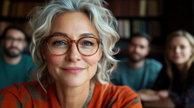 A confident woman with grey hair and glasses smiles warmly at the camera, seated with three friends in a cozy setting filled with bookshelves.