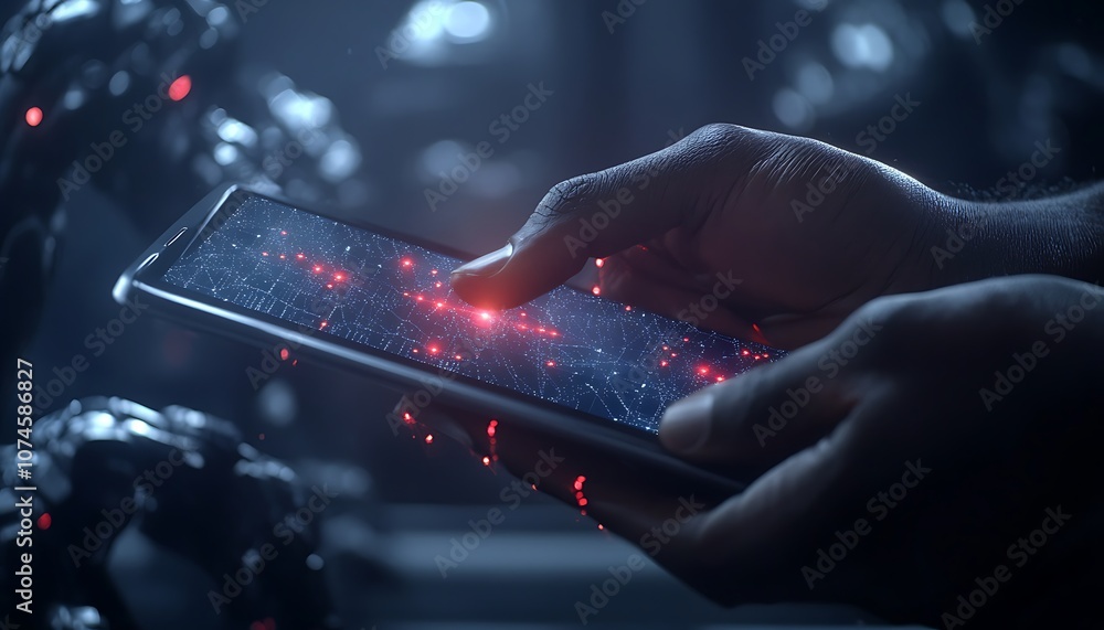 Poster A futuristic hand interacts with a glowing touchscreen, displaying a starlit interface amidst robotic figures in a dimly lit environment.