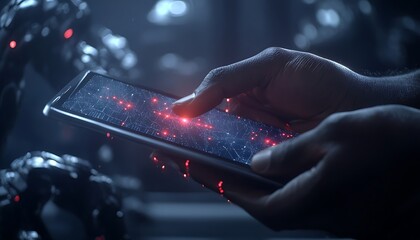 A futuristic hand interacts with a glowing touchscreen, displaying a starlit interface amidst robotic figures in a dimly lit environment.