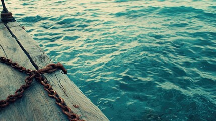 Obraz premium Weathered Wooden Dock with Rusty Chain Overlooking Serene Aquamarine Waters at Sunset, Capturing the Beauty of Coastal Calmness and Maritime Charm