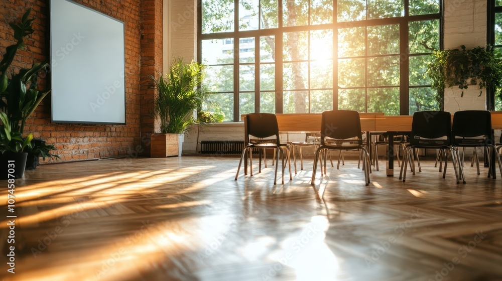 Poster a classroom with rustic brick walls and abundant natural light creates a warm and inviting atmospher