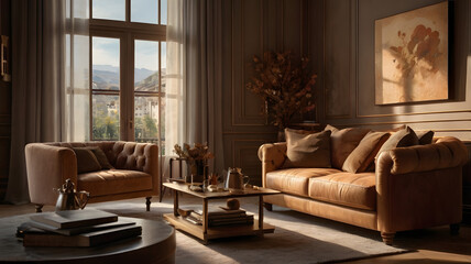 Fototapeta premium living room interior with fireplace, ai generated