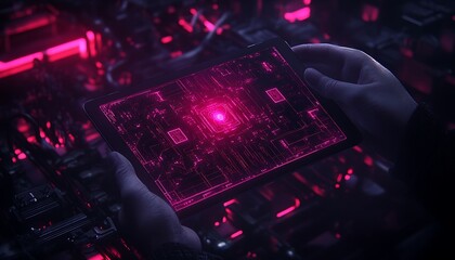 A futuristic image showcasing hands holding a glowing, pink-lit circuit board amidst a backdrop of intricate electronic components.