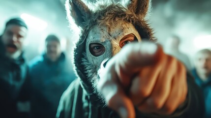 A person in an animal mask points directly at the viewer, creating a mysterious and slightly intimidating atmosphere among a blurred group in the background.
