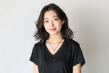 A woman with a black shirt and necklace is smiling