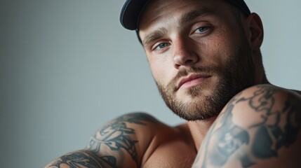 A bearded man in a cap looks relaxed and introspective. His tattoos and deep blue eyes lend a sense of mystery and calm in a minimalist setting.