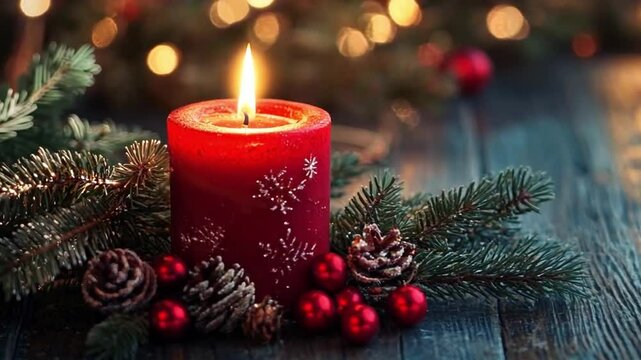 Red candle with Christmas branches on wooden background and golden bokeh background.