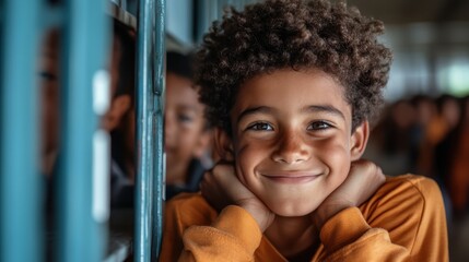 Obraz premium A joyful young boy with curly hair leans happily against a wall, conveying innocence and warmth, making it perfect for childhood and lifestyle image collections.