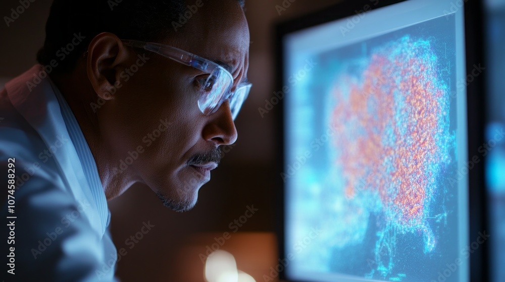 Poster A man is looking at a computer monitor with a large, colorful image on it