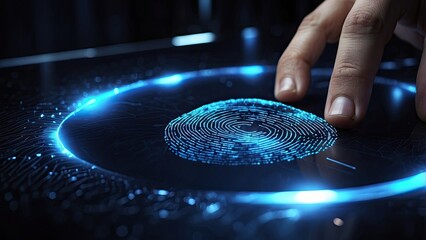When scanning a finger for security access using biometric identification in the dark, a blue fingerprint scan icon appears on the virtual screen. privacy and cyber security
