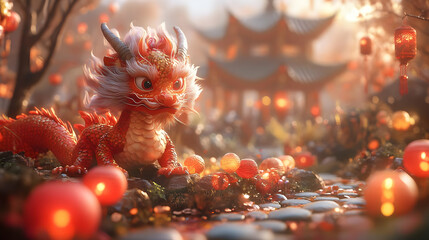 Cute Red Dragon Illustration with Lanterns